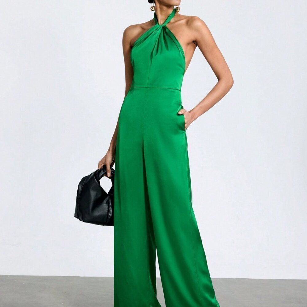 Green Elegant Women's Solid Color Halter Neck Strap Backless Jumpsuit - Picture 3 of 7